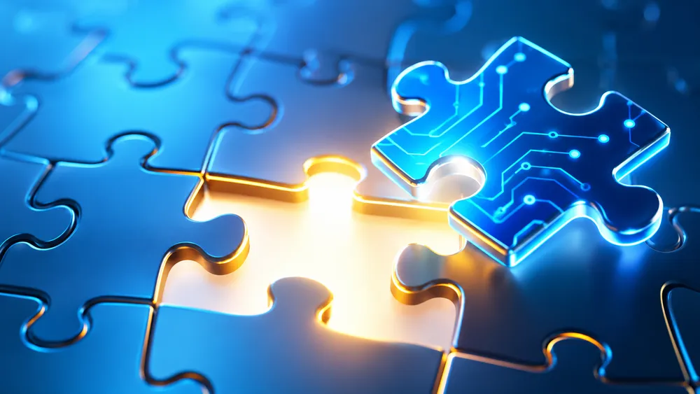A glowing blue puzzle piece with electronic circuit traces above an illuminated gap