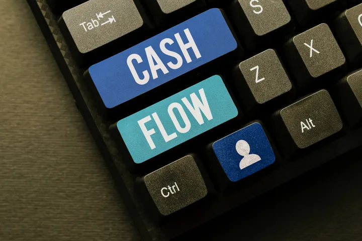 Keyboard with blue and teal keys labelled Cash and Flow