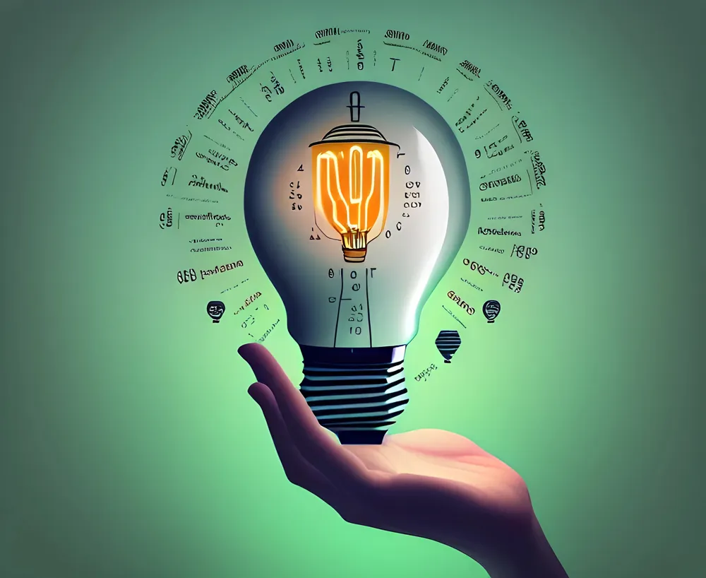 A hand holding an illuminated light bulb surrounded by mathematical symbols