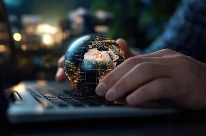 Hands typing on a laptop with an illuminated globe representing global connectivity