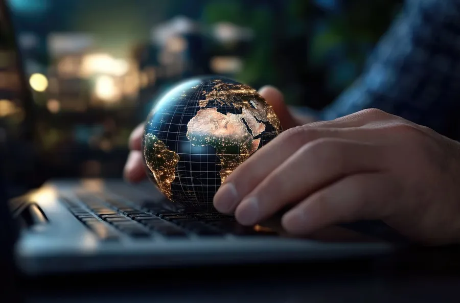 Hands typing on a laptop with an illuminated globe representing global connectivity