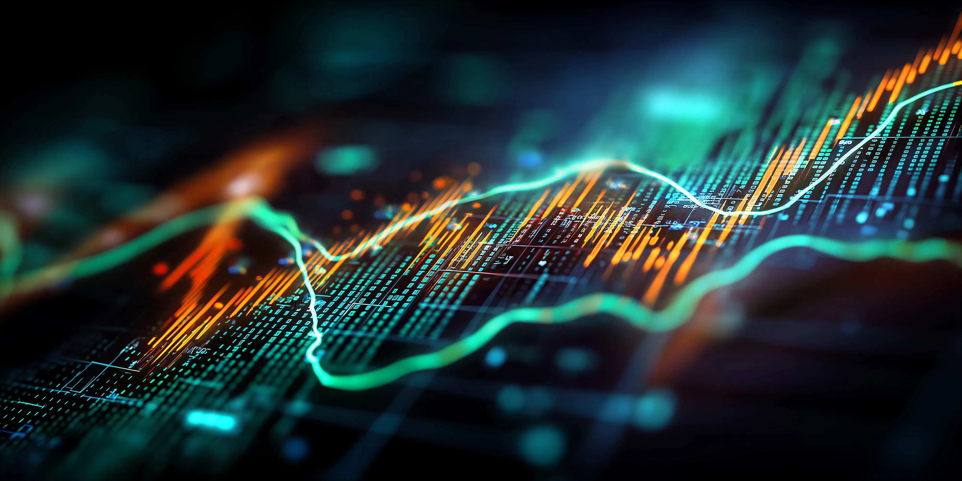Abstract financial data visualization with teal curves and orange bars